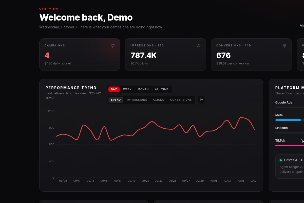 Client Dashboard — real-time campaign stats, spend tracking, and performance graphs