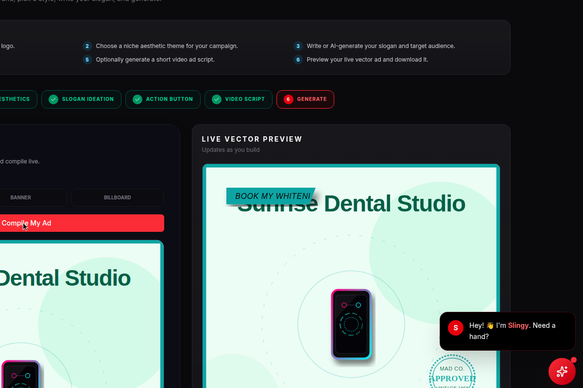 Magic Ad Maker — 6-step AI wizard generating custom ad creatives